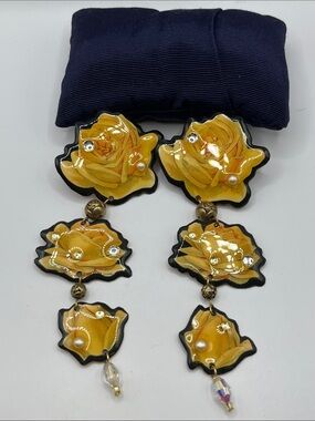 RARE! Designs From The Deep decoupage Yellow Rose Drop clip on earrings